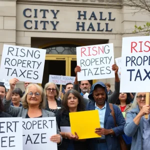 Residents gathering at Albuquerque City Hall protesting rising property taxes.
