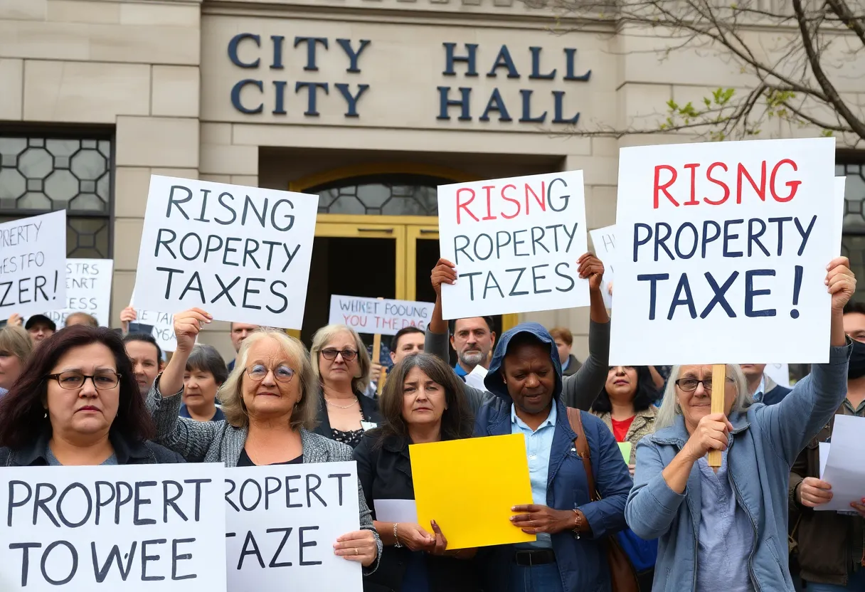 Residents gathering at Albuquerque City Hall protesting rising property taxes.