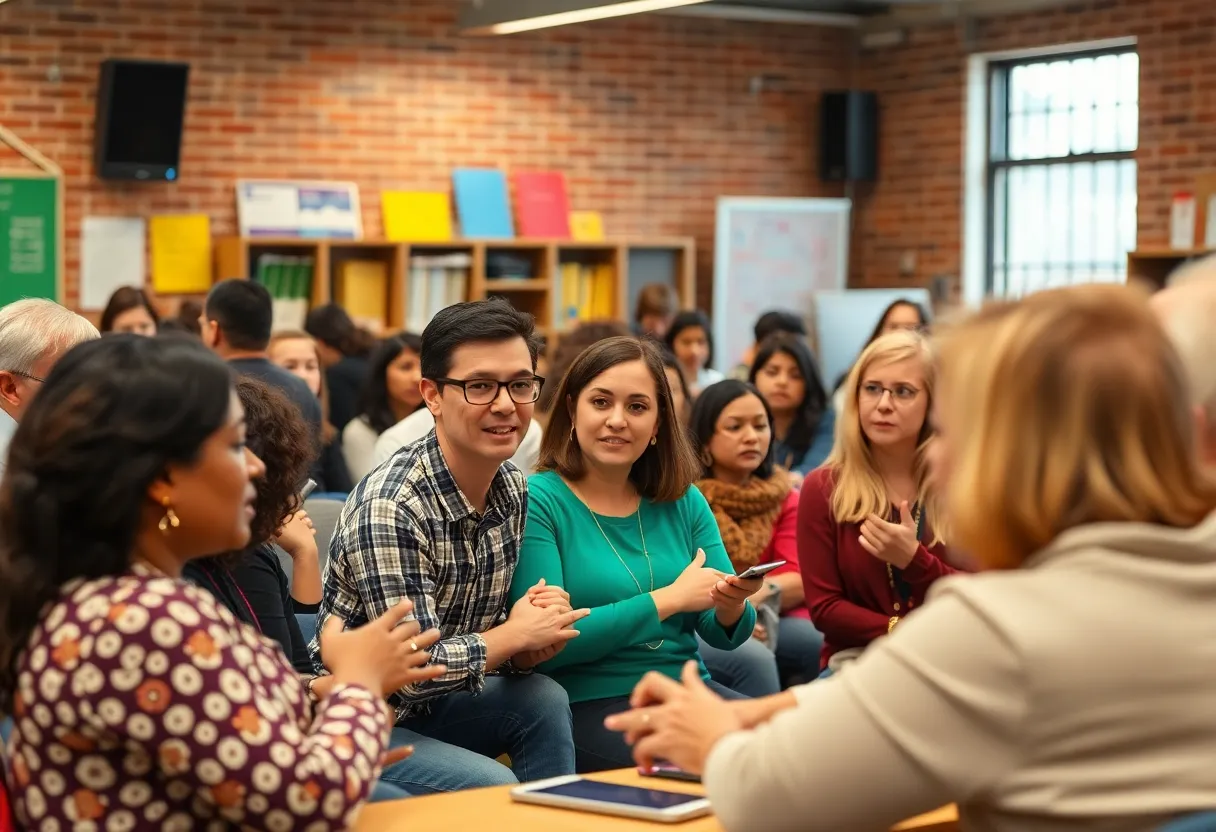 Community members engaged in discussion at an Albuquerque education meeting