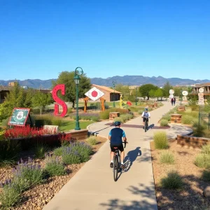 Opening day of the Rail Trail in South Valley featuring cyclists and art installations.
