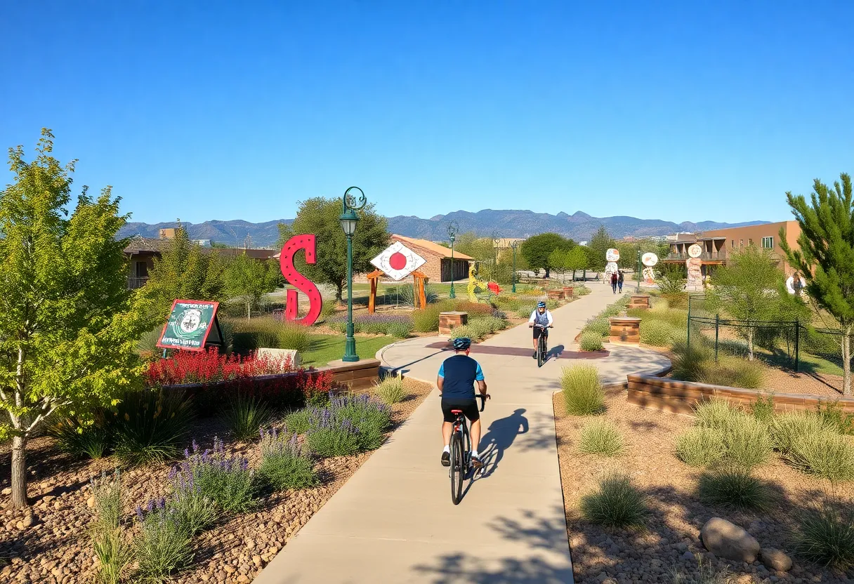 Opening day of the Rail Trail in South Valley featuring cyclists and art installations.