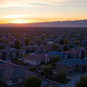 Residential properties in Albuquerque against a sunset sky