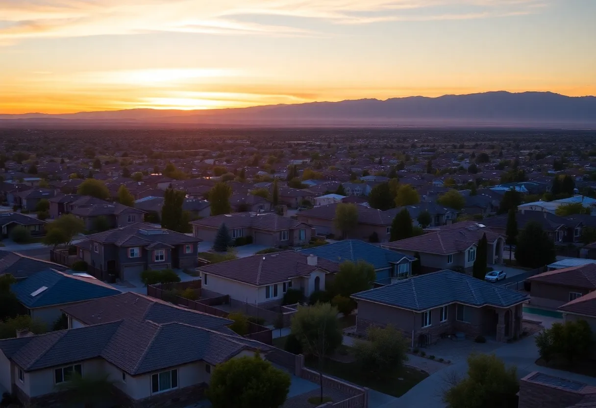 Residential properties in Albuquerque against a sunset sky