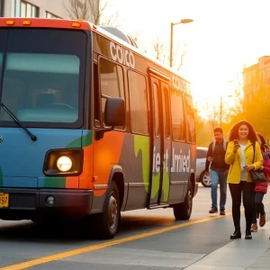 A RideCo on-demand transit van in Albuquerque with passengers booking rides on a mobile device.