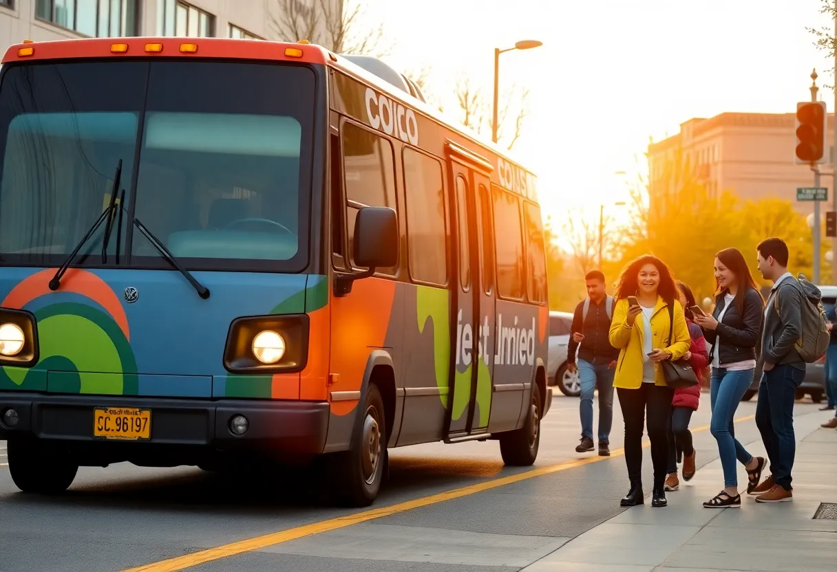 A RideCo on-demand transit van in Albuquerque with passengers booking rides on a mobile device.