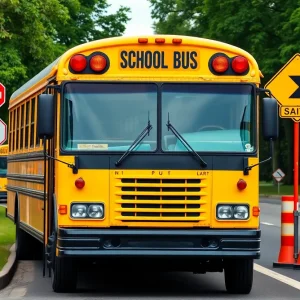 A school bus with road safety signs highlighting the theme of safe driving.