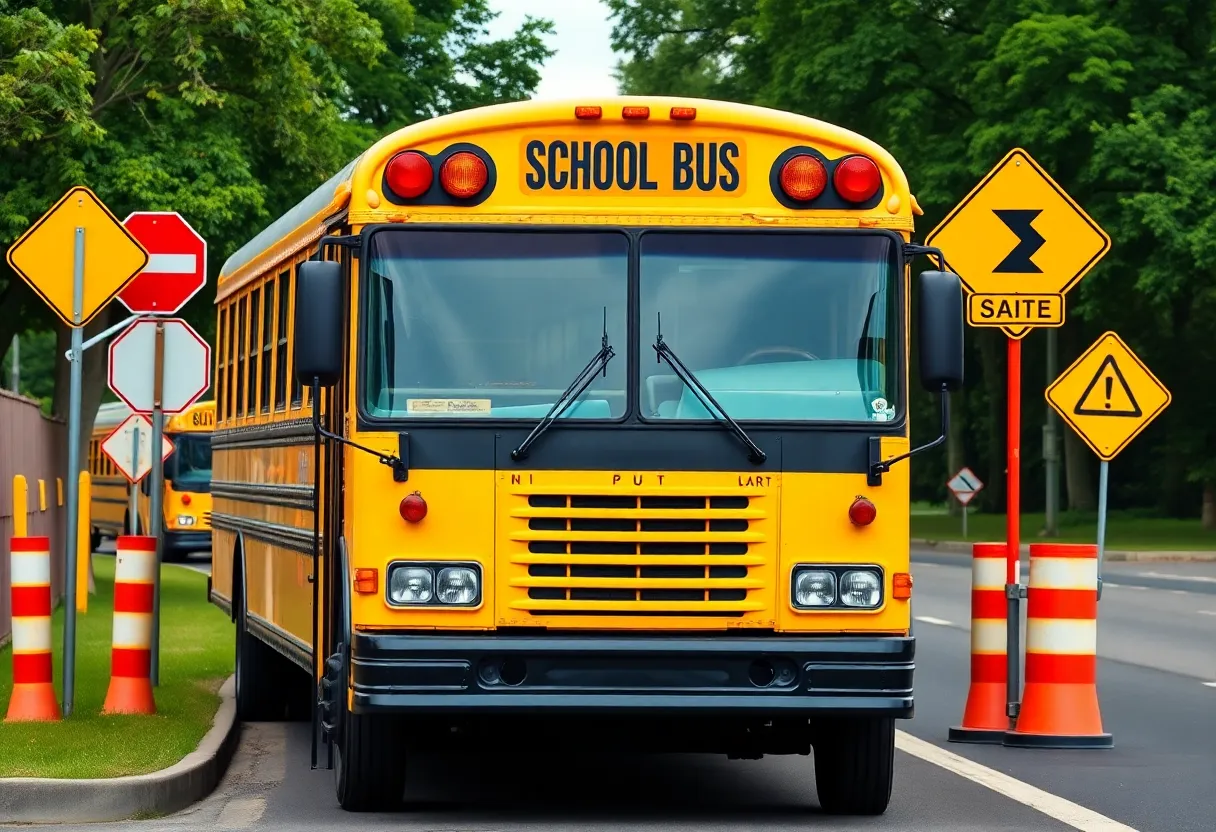 A school bus with road safety signs highlighting the theme of safe driving.