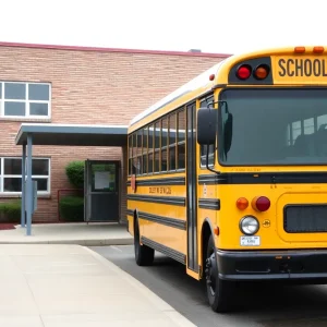 Empty Albuquerque school bus parked at a school.