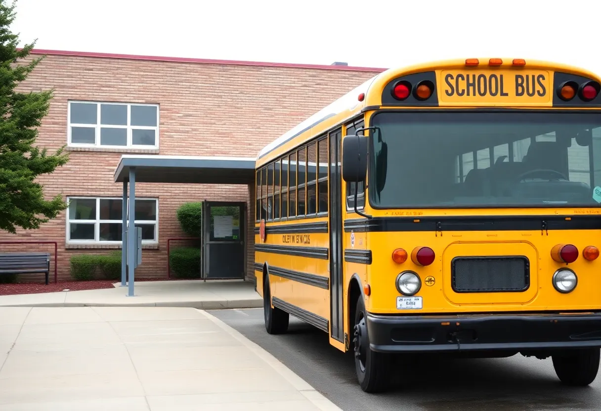 Empty Albuquerque school bus parked at a school.
