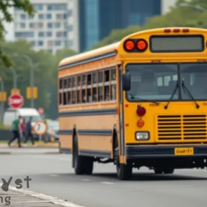 School bus on city road highlighting road safety