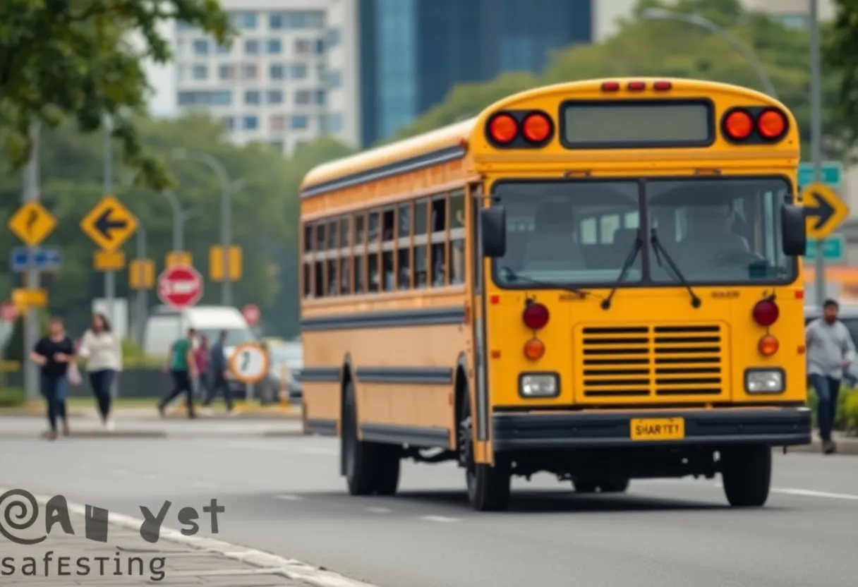 School bus on city road highlighting road safety