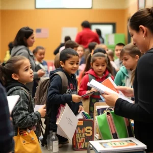 Students receiving free school supplies at a community center in Albuquerque