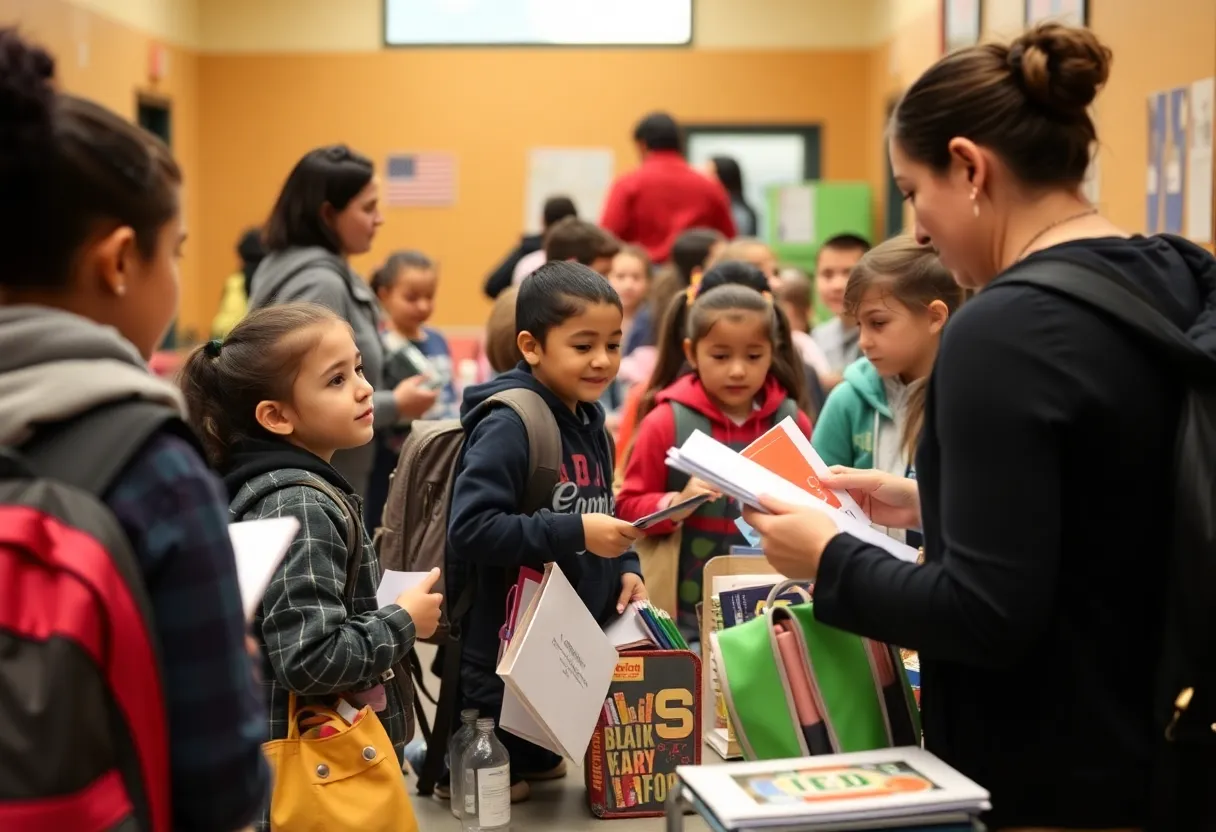 Students receiving free school supplies at a community center in Albuquerque