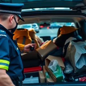 Police officers examining stolen merchandise in Albuquerque
