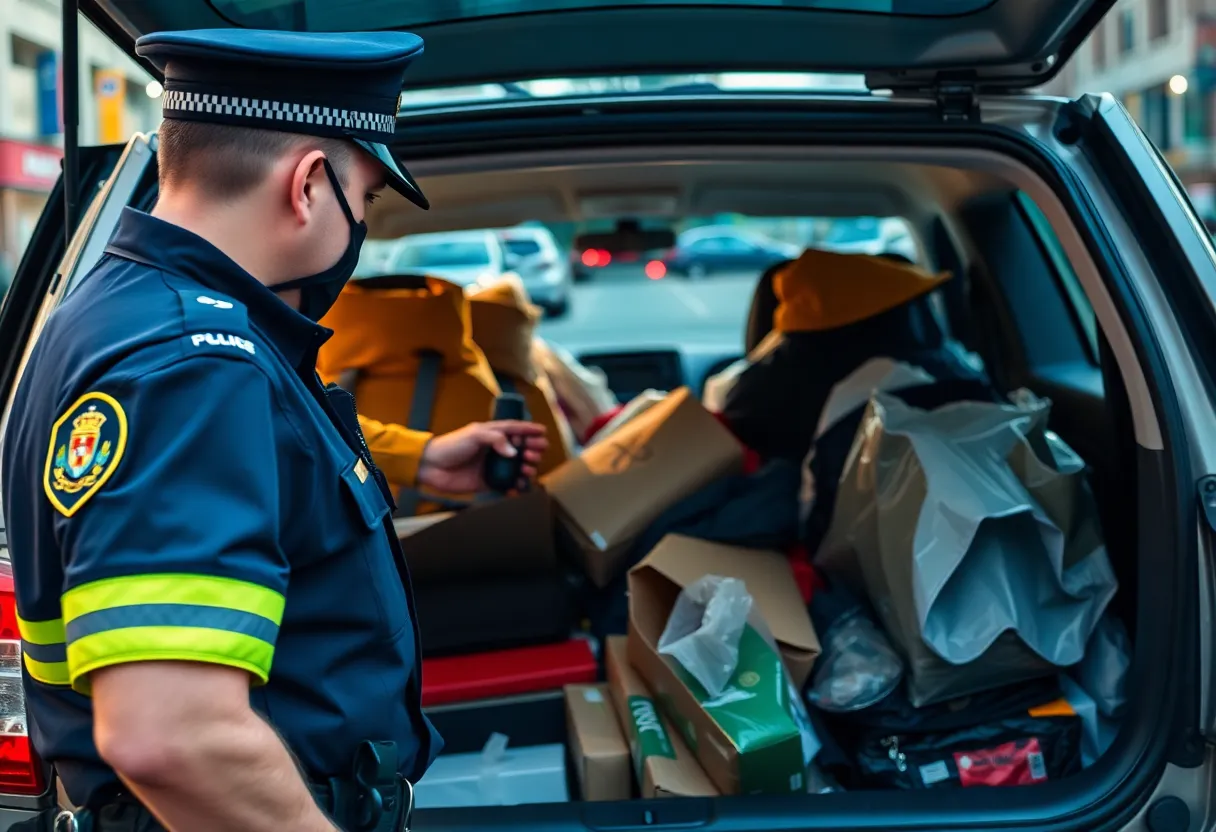 Police officers examining stolen merchandise in Albuquerque