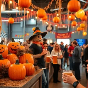 Participants enjoying a Halloween-themed pop-up event with seasonal drinks and decorations