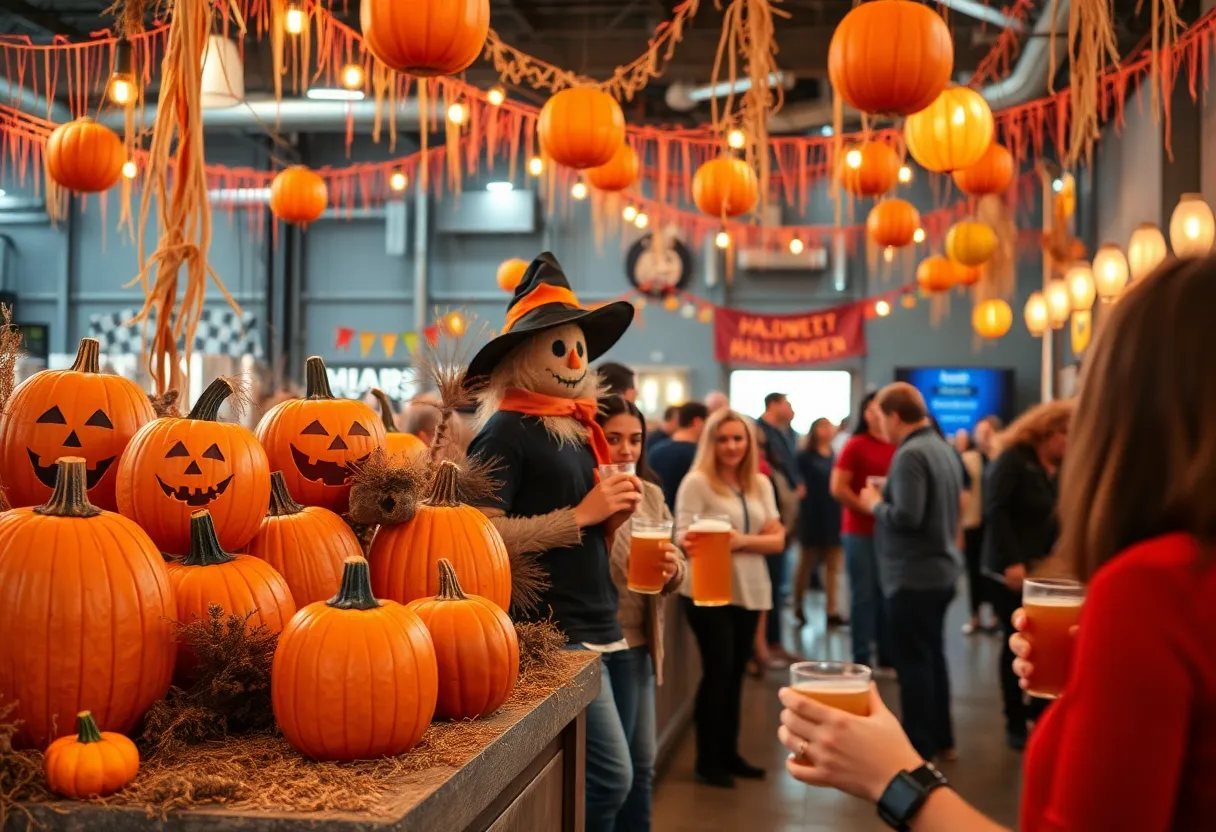 Participants enjoying a Halloween-themed pop-up event with seasonal drinks and decorations