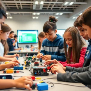 Students participating in robotics and coding workshops at the Albuquerque STEM event.