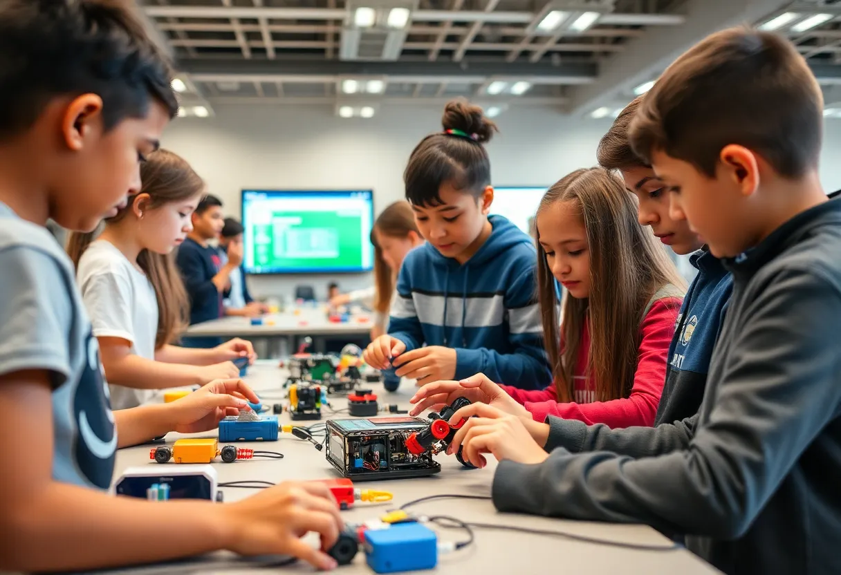 Students participating in robotics and coding workshops at the Albuquerque STEM event.
