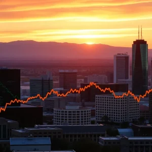 Sunset view of Albuquerque skyline with financial graphs representing stock market changes.