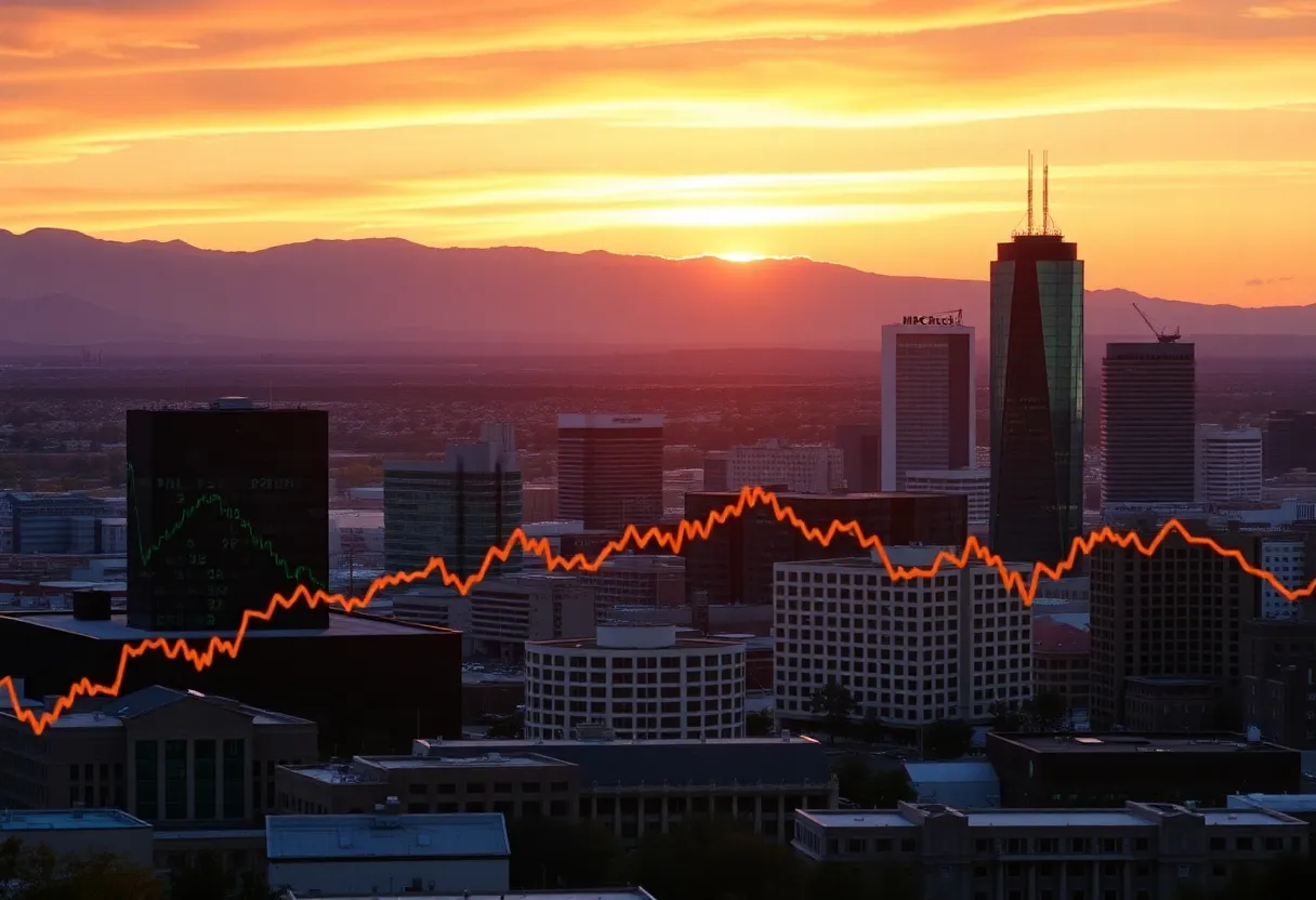Sunset view of Albuquerque skyline with financial graphs representing stock market changes.