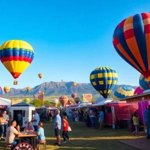 Families enjoying an outdoor summer festival in Albuquerque with hot air balloons in the sky.