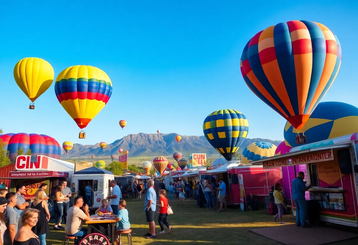 Families enjoying an outdoor summer festival in Albuquerque with hot air balloons in the sky.