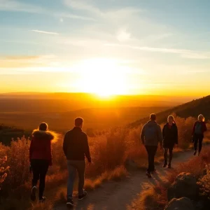 Group of young adults hiking during sunset in Sandia foothills, Albuquerque.