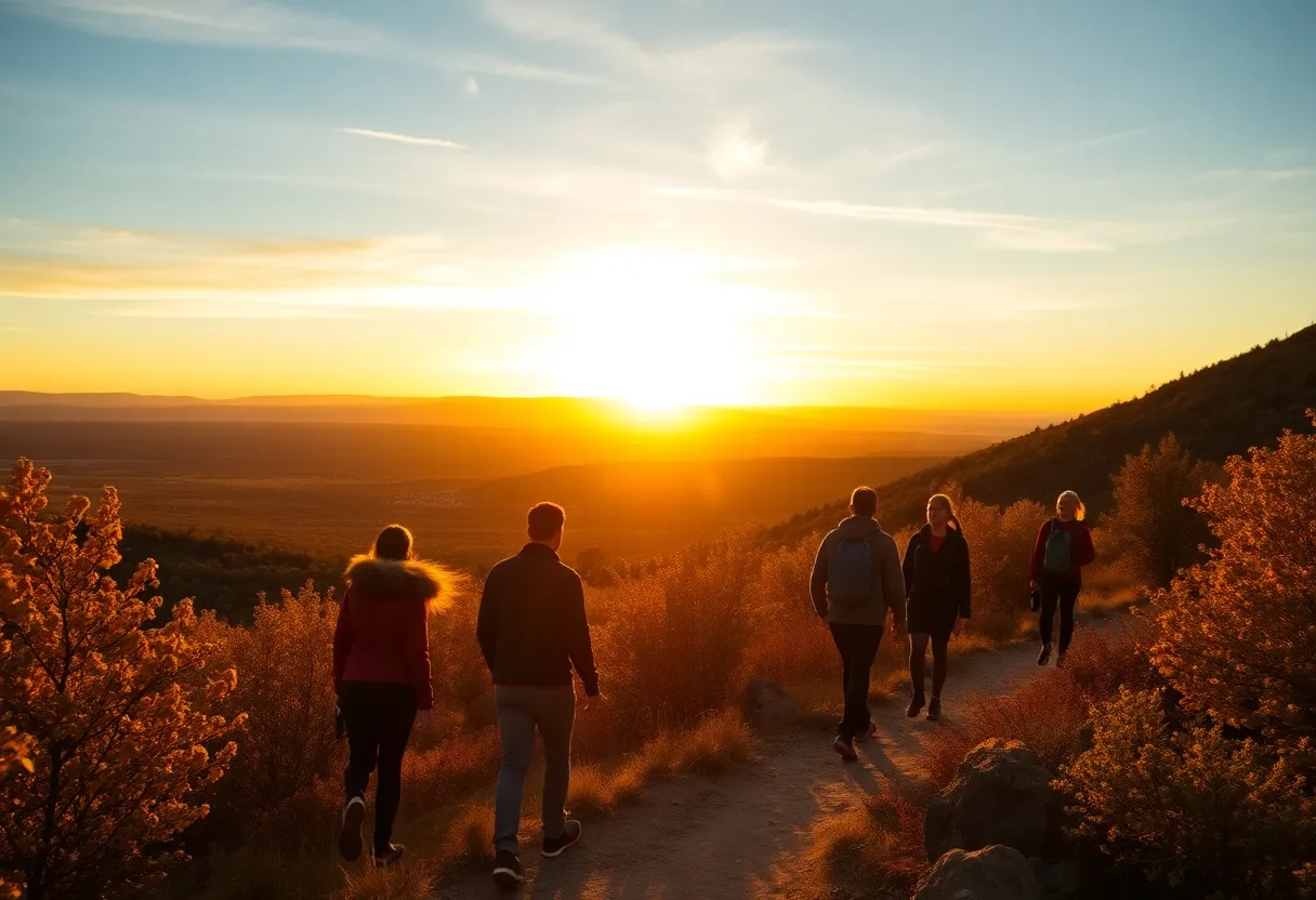 Group of young adults hiking during sunset in Sandia foothills, Albuquerque.