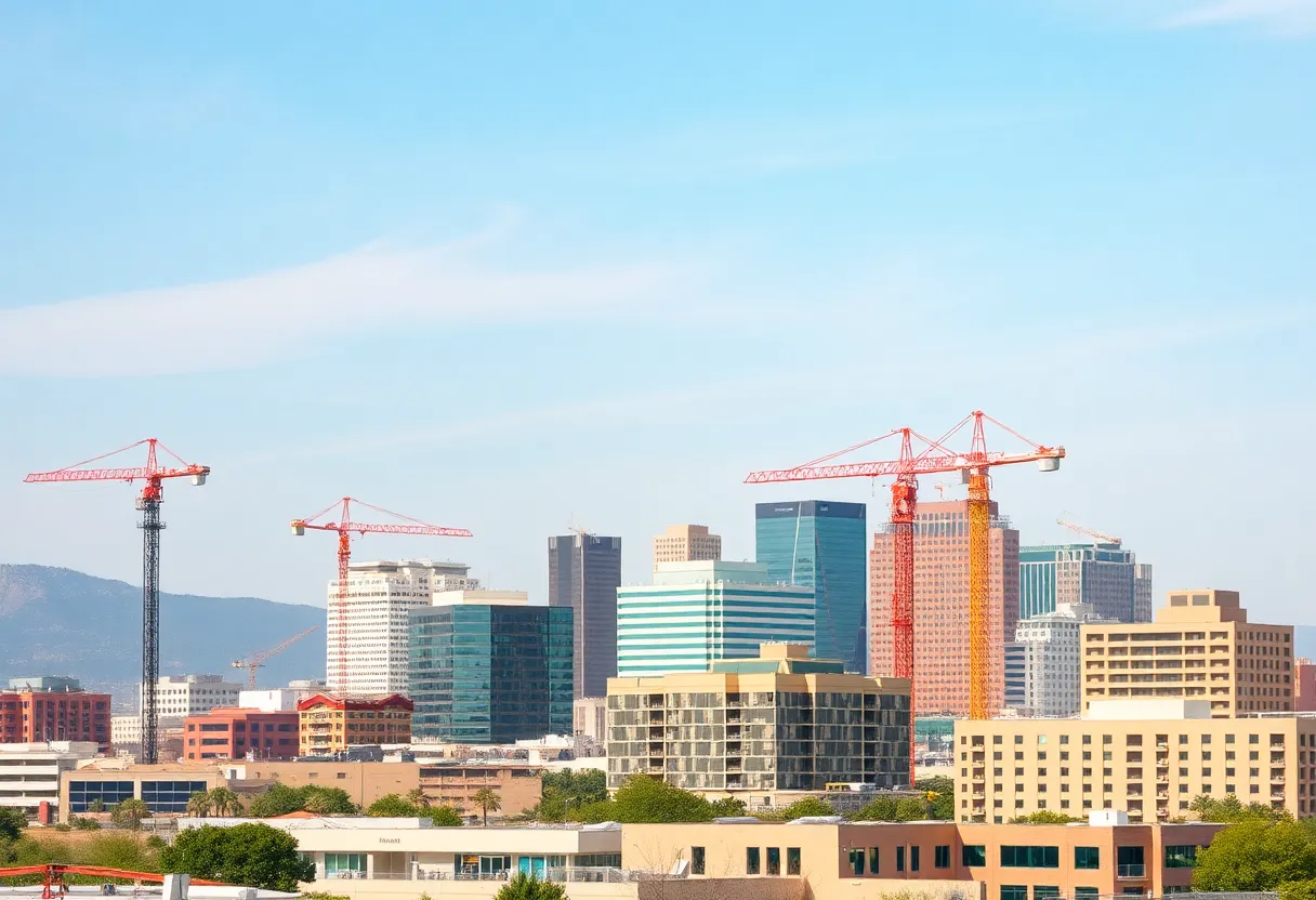 Skyline of Albuquerque with construction cranes symbolizing urban development