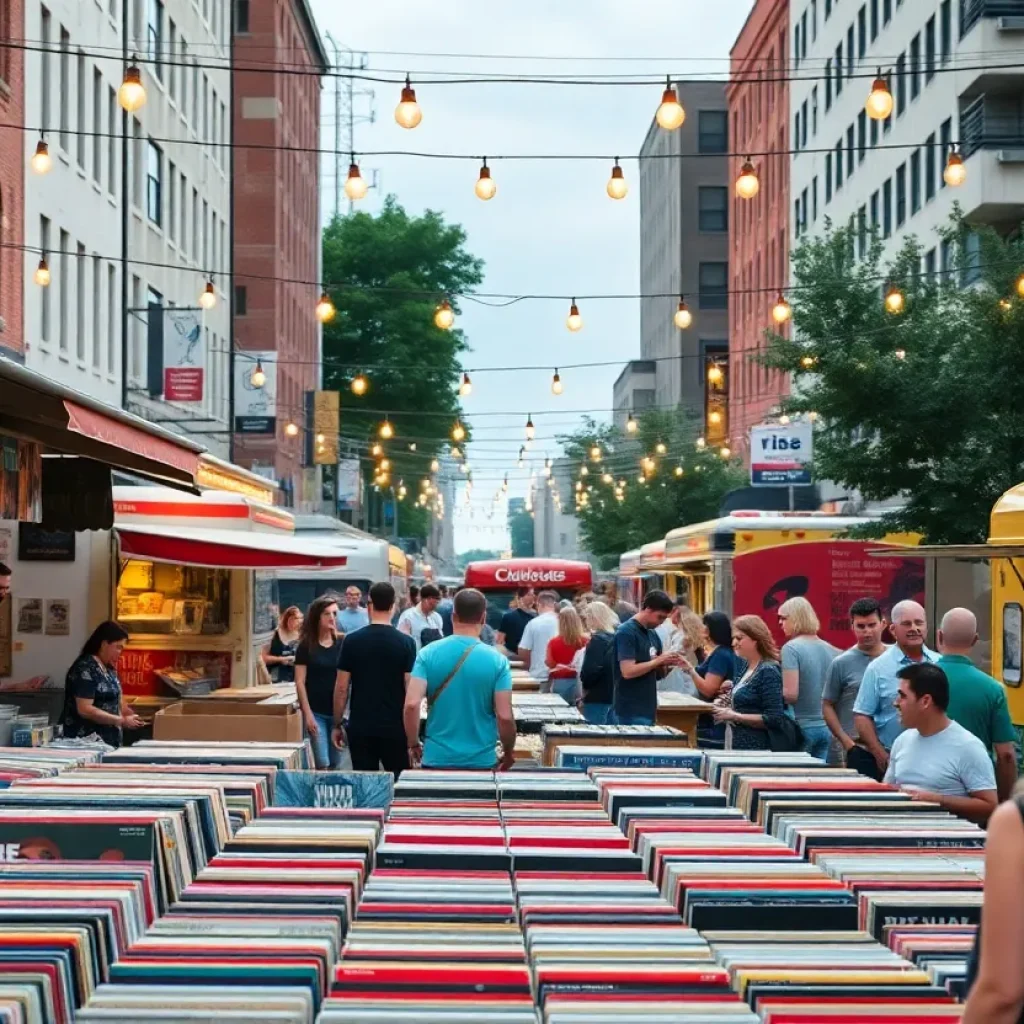 Crowd enjoying the Albuquerque Vinyl Record Swap Meet with booths and food trucks.