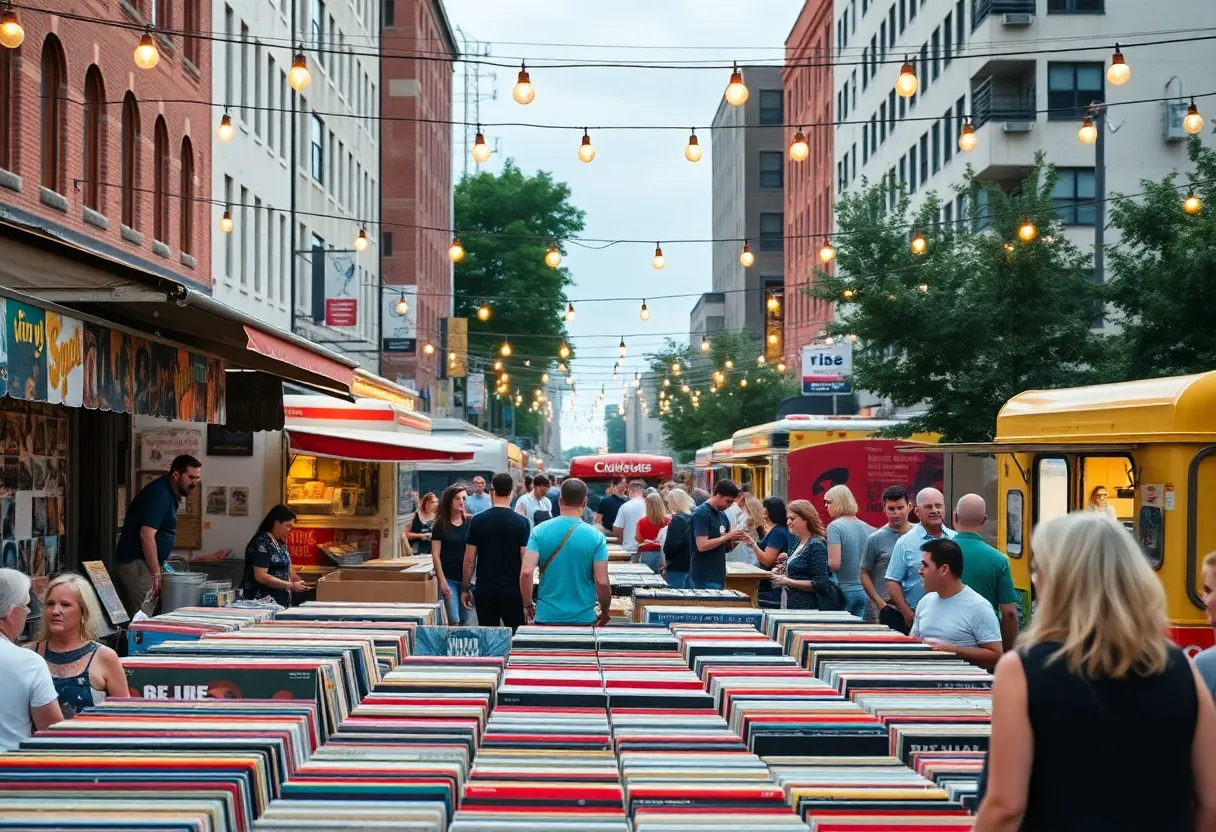 Crowd enjoying the Albuquerque Vinyl Record Swap Meet with booths and food trucks.