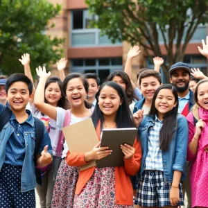 High school students celebrating academic achievements outdoors