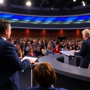 Candidates debating in a studio setting during the Albuquerque mayoral debate.