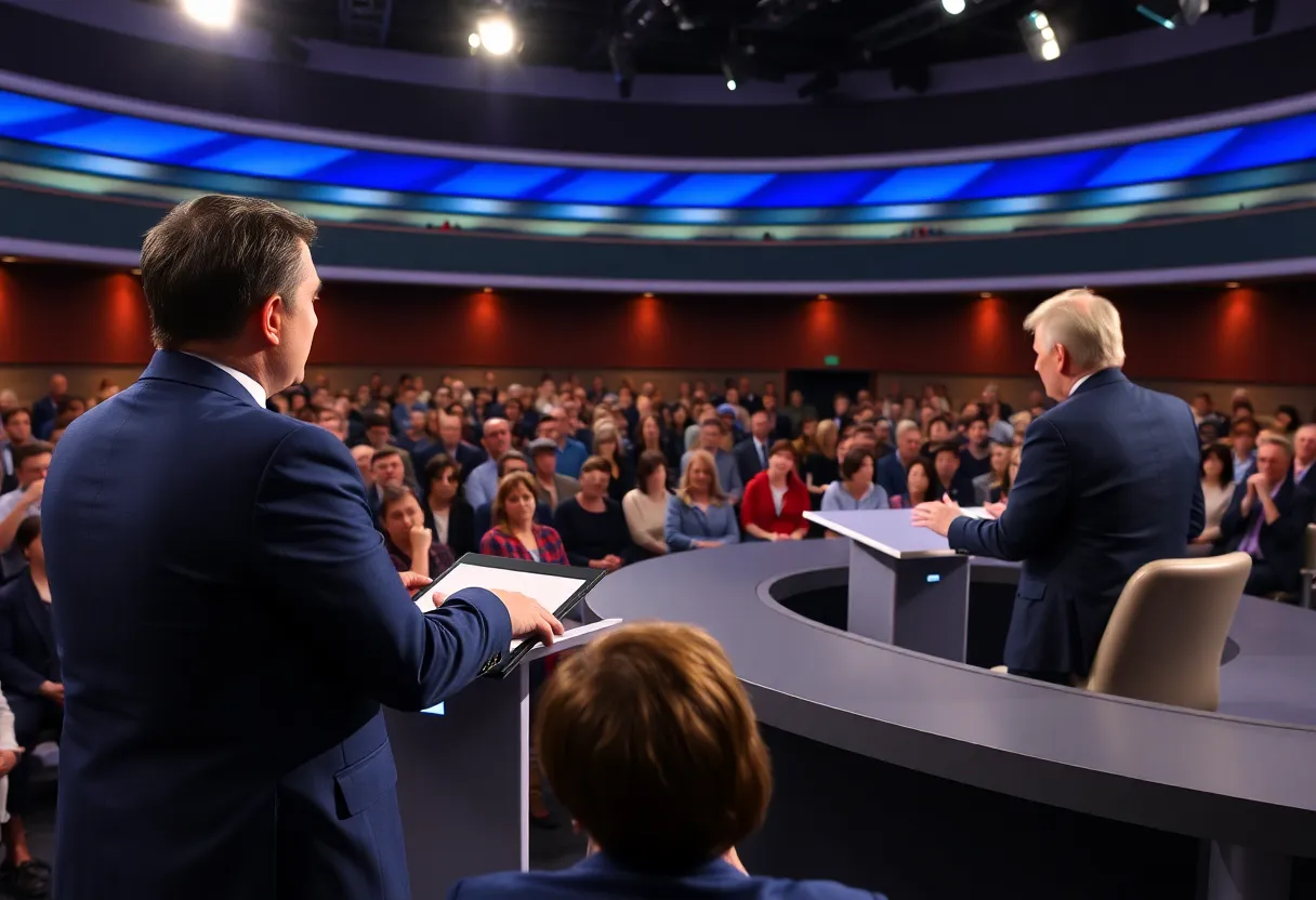 Candidates debating in a studio setting during the Albuquerque mayoral debate.