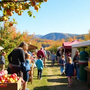 Families enjoying the Apple Festival in the Manzano Mountains with fresh cider and apple picking.