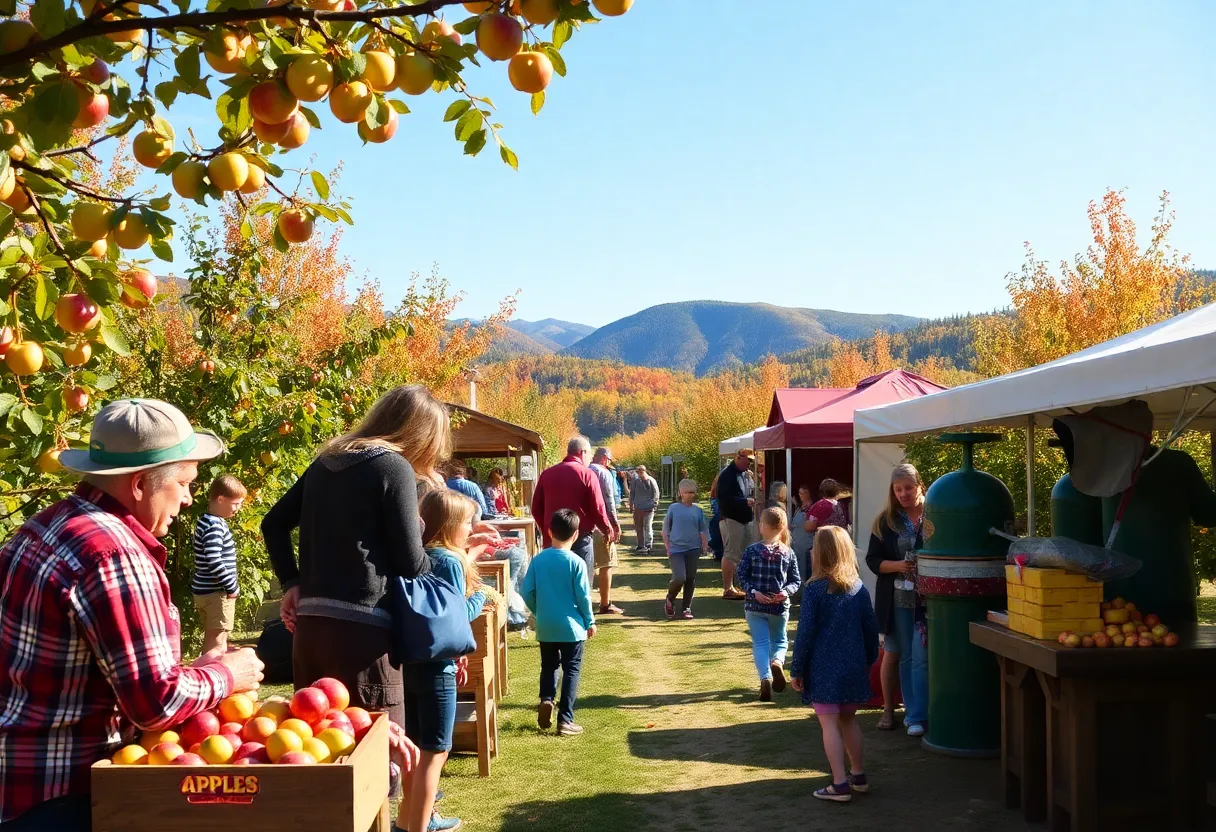 Families enjoying the Apple Festival in the Manzano Mountains with fresh cider and apple picking.