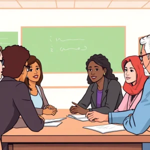 Diverse school board members collaborating in a meeting