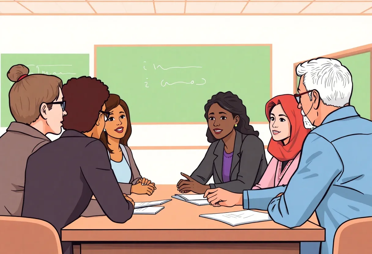 Diverse school board members collaborating in a meeting