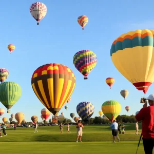 Golfers competing at the Balloon Fiesta Invitational with hot-air balloons in the sky