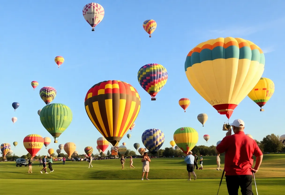 Golfers competing at the Balloon Fiesta Invitational with hot-air balloons in the sky