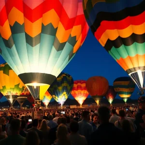 Illuminated hot air balloons at the International Balloon Fiesta in Albuquerque.