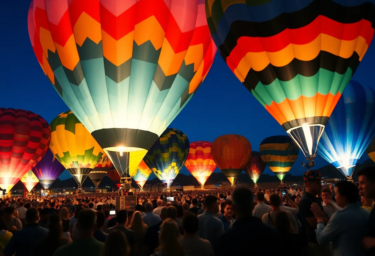 Illuminated hot air balloons at the International Balloon Fiesta in Albuquerque.