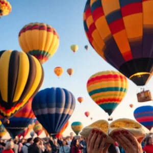 Colorful hot air balloons at Albuquerque International Balloon Fiesta with people enjoying breakfast burritos.