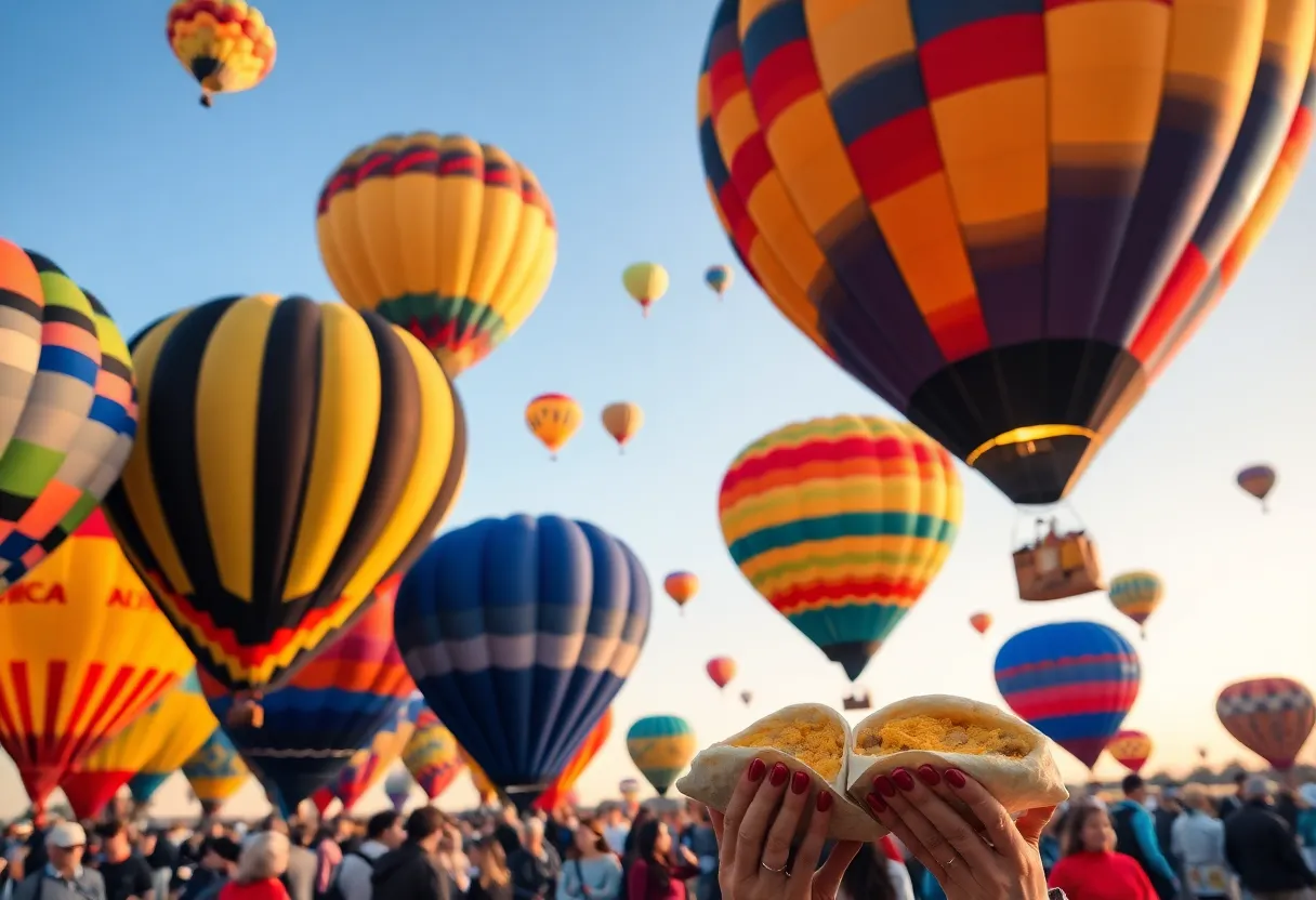 Colorful hot air balloons at Albuquerque International Balloon Fiesta with people enjoying breakfast burritos.