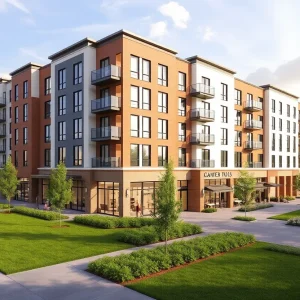 Rendering of Belen mixed-use development with apartments and shops