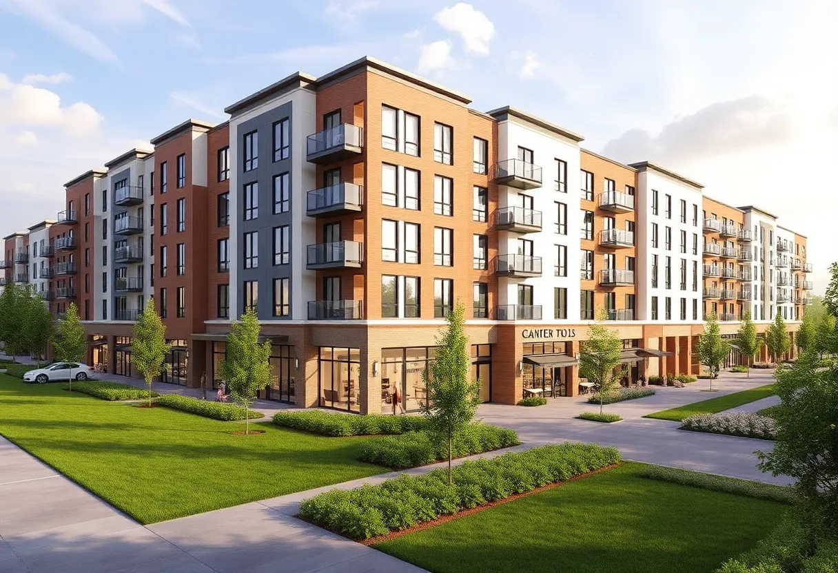 Rendering of Belen mixed-use development with apartments and shops