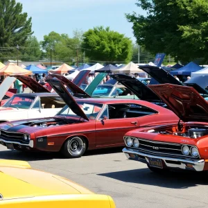 Cars displayed at the Bernalillo community car show with vendors in the flea market.