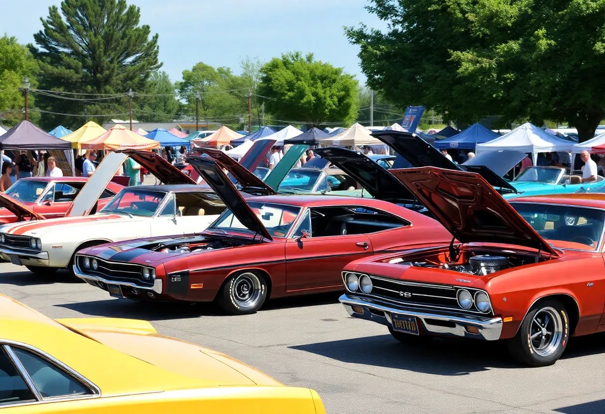 Cars displayed at the Bernalillo community car show with vendors in the flea market.
