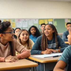 Students in a classroom discussing school safety